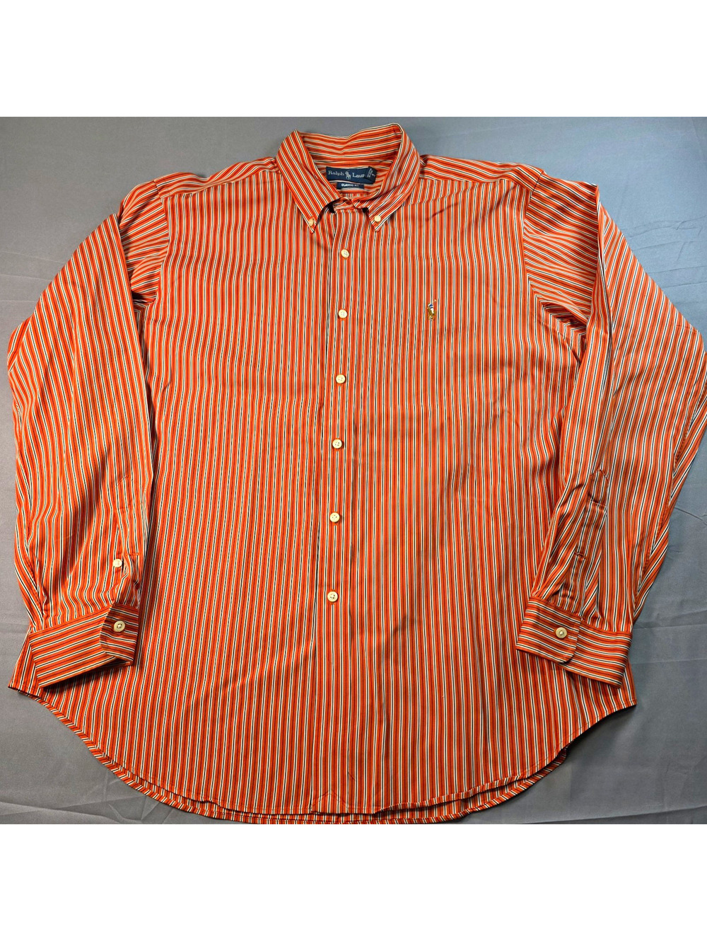 Ralph Lauren Classic Fit Orange White Black Striped Dress Shirt XL
